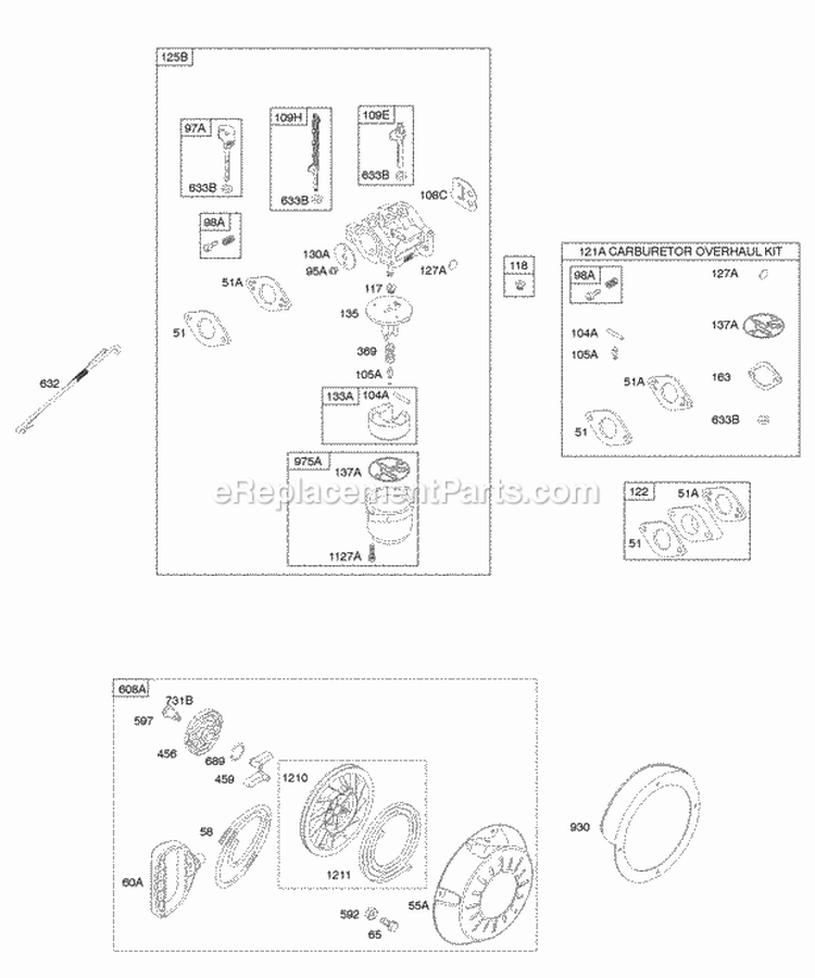 Carburetor Kit - Carburetor Overhaul Rewind Starter Diagram and Parts List for 21A113-0254-E1  Briggs and Stratton Engine
